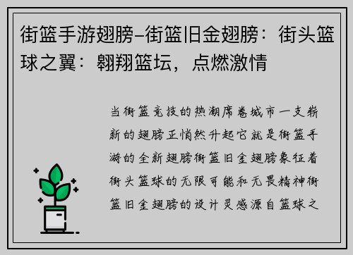 街篮手游翅膀-街篮旧金翅膀：街头篮球之翼：翱翔篮坛，点燃激情